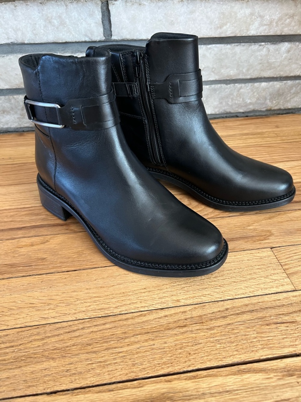 Clarks Black Leather Ankle Booties with Buckle Detail - Picture 2 of 5